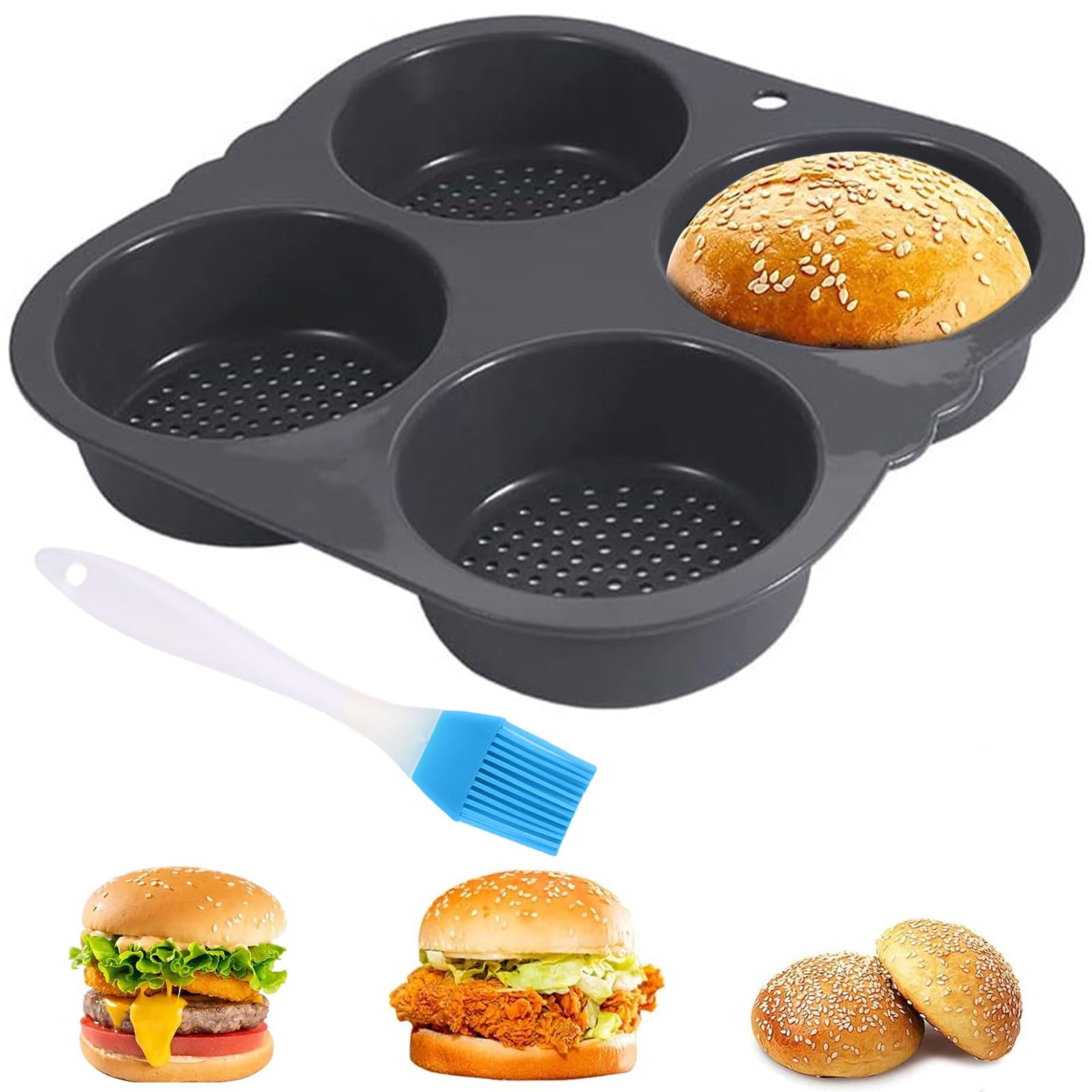 Burger Bun Mold 4 Hole with Non-Stick Coating, Silicone Hamburger Bun Mould, Reusable Perforated Baking Tray, Burger Buns Pan, Maker for Burgers, Bread, Rolls, Puffs, Tartlets, Egg Muffin - 4 Cavities