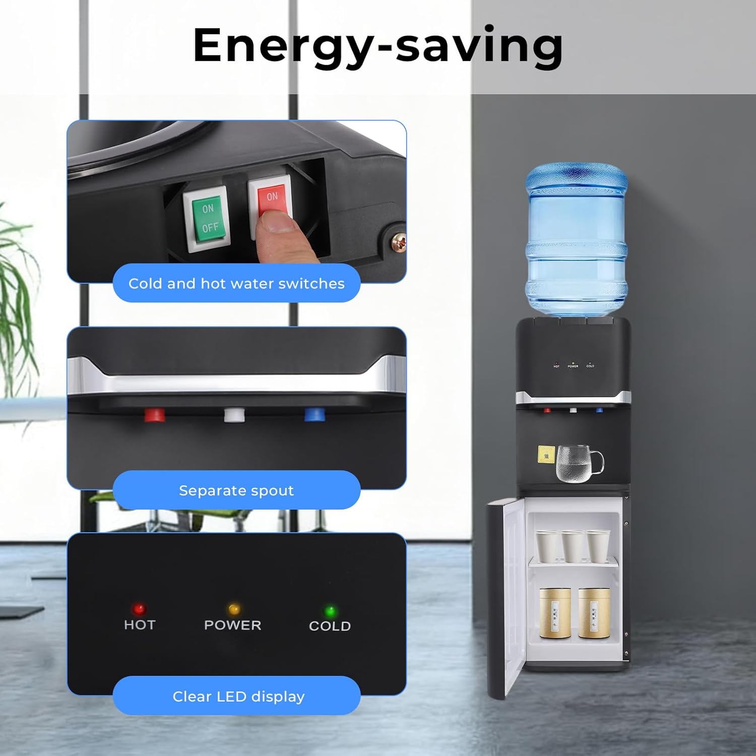 Top Loading Water Cooler Dispenser, Freestanding Cold & Hot & Warm Water Dispenser, Top Loading Water Dispenser for 5 Gallon Bottles, Perfect for Home Office School (Black)