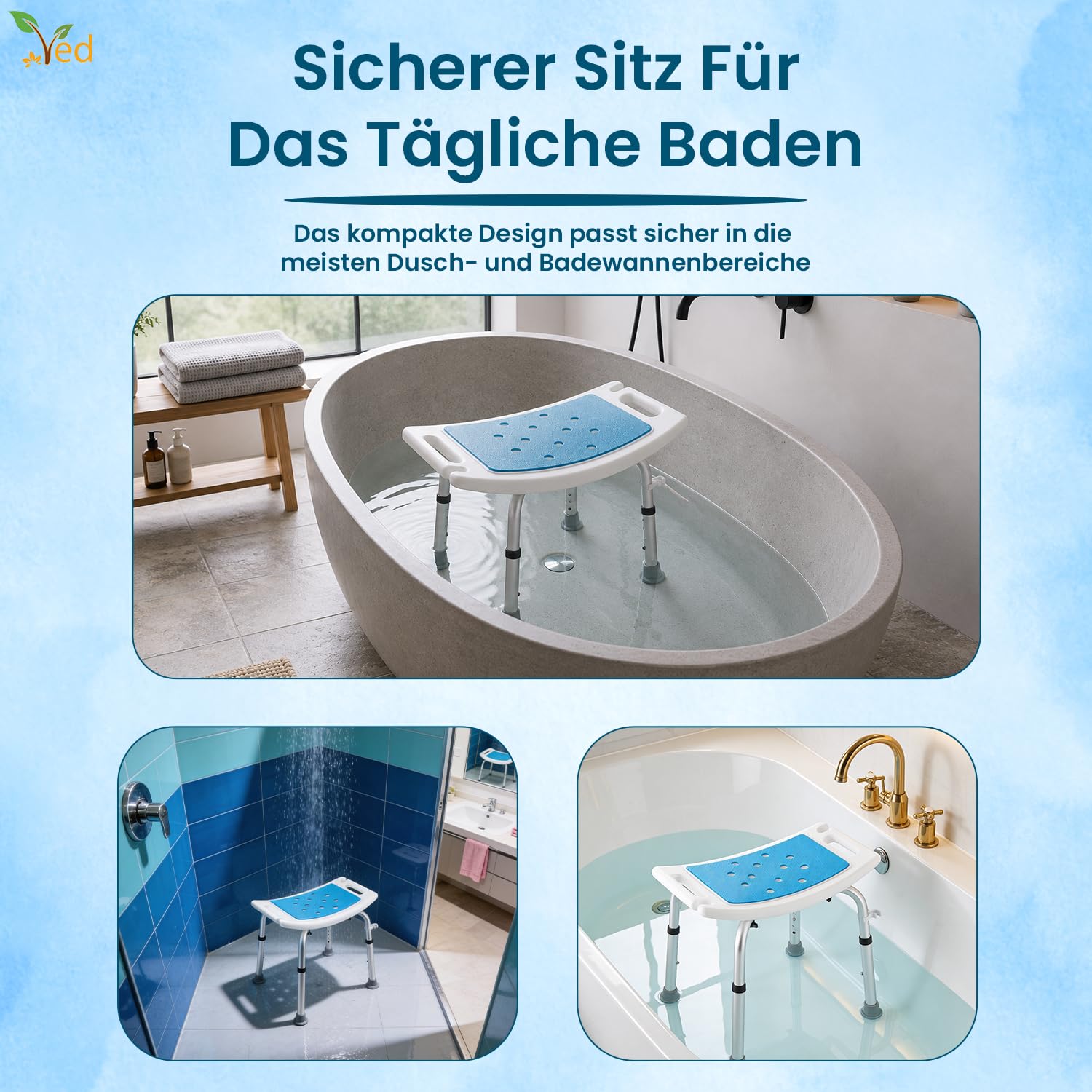 VED Verstellbarer Rutschfester Duschhocker – Leichter rostfreier Aluminium-Badestuhl für Senioren, Behinderte, Schwangere, nach Operationen, 38 bis 51 cm (52.50x52.00x39.50cm)