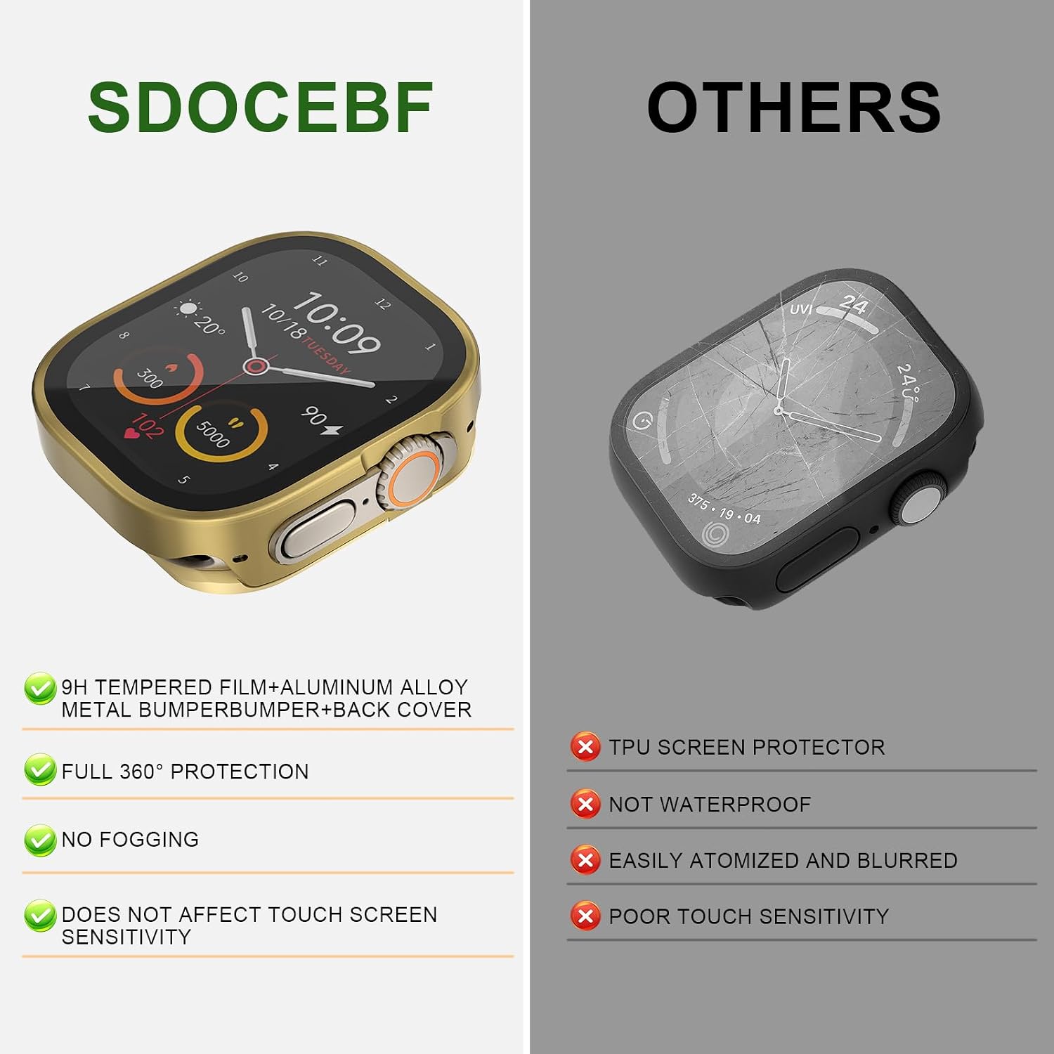 3 in 1 Gold Metal Case for Apple Watch Ultra 49mm, Glass+Back Cover | Apple Watch Ultra 3 Gold Case Metal Thin for Apple Watch Ultra 3/2/1 49mm, Aluminum Ultra-Thin Rugged Bumper