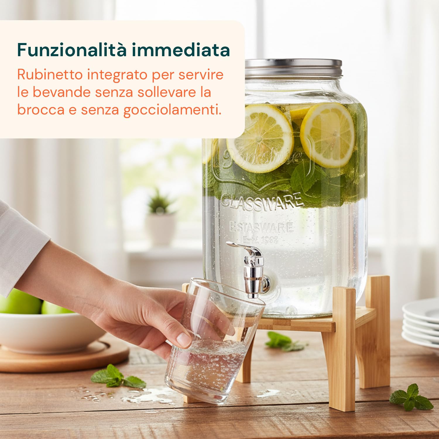 Avilia Dispenser Bevande in Vetro 8 Litri Rubinetto Acciaio Inox per Acqua e Bibite con Infusore