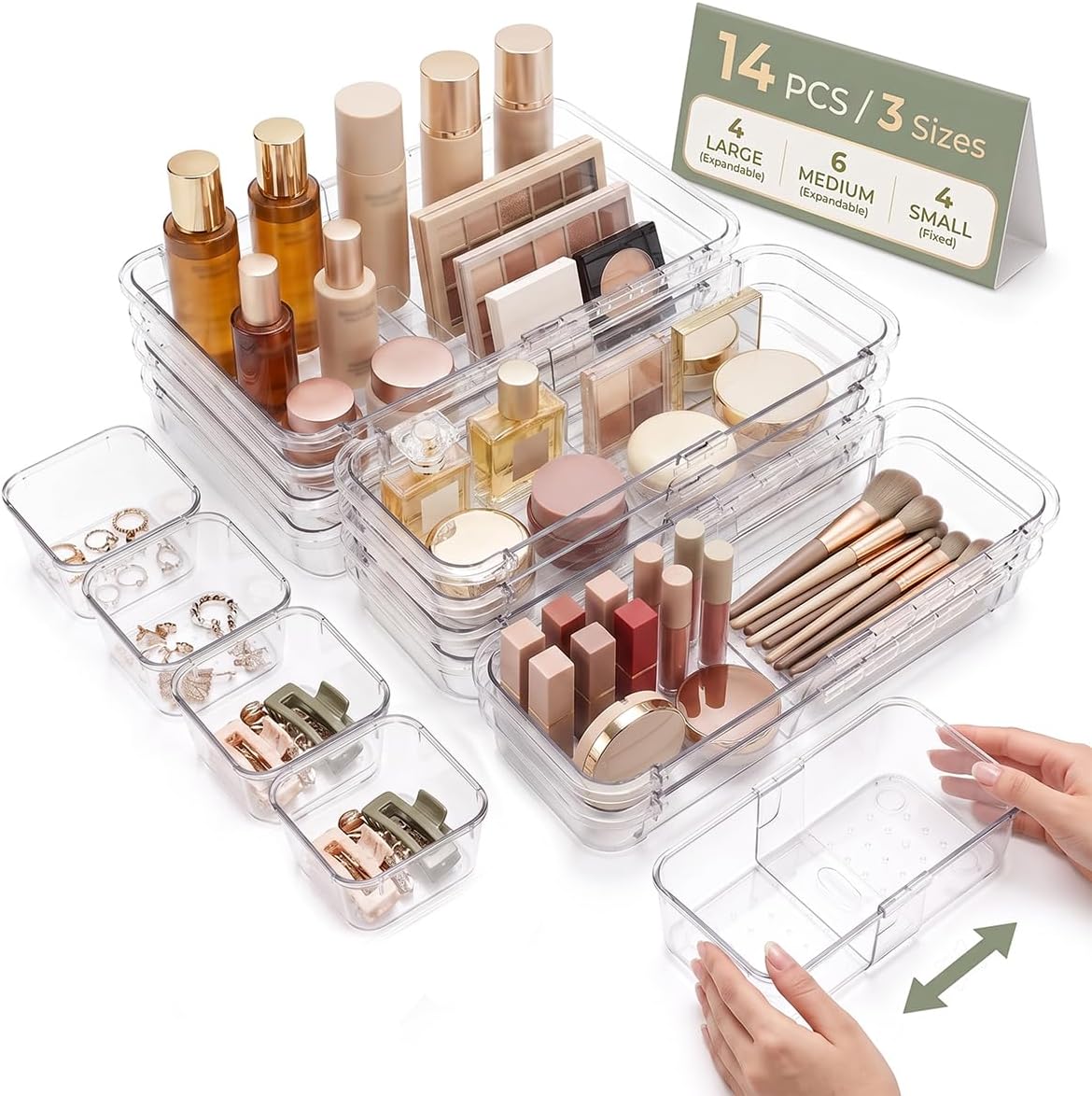 14 PCS Expandable Drawer Organizer Set, Clear Storage Bins with 6 Medium Trays, 3 Sizes for Makeup, Bathroom, Kitchen & Office