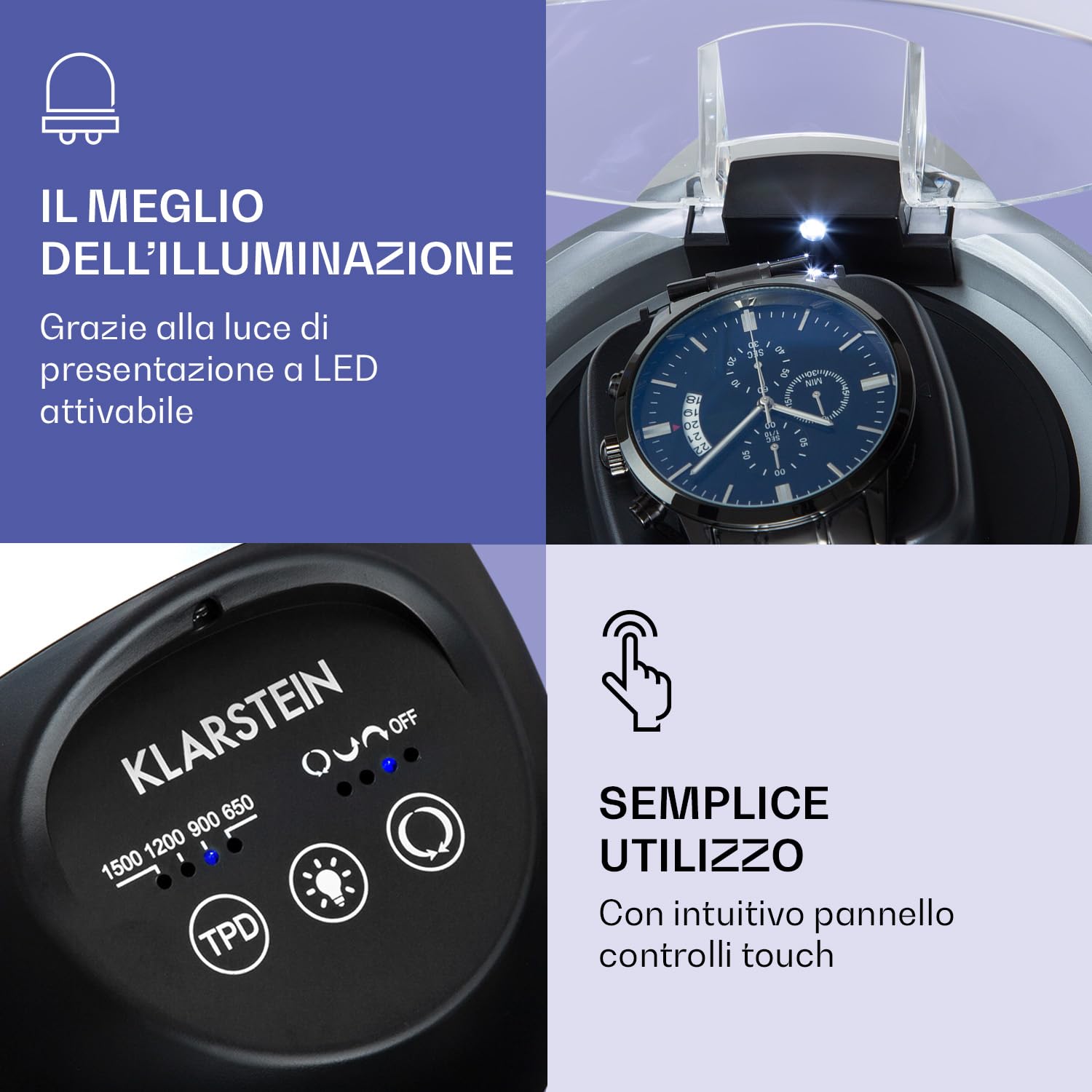 KLARSTEIN St. Gallen ll - Caricatore Per Orologi, Rotazione In Senso Orario/Antiorario/Bidirezionale, 4 Programmi: 650/900/1200/1500 TPD, Illuminazione LED Attivabile, Pannello Touch