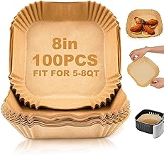 Air Fryer Disposable Paper Liners Square | Non-Stick Oil-Proof Food Grade Parchment Baking Paper for 3-5L Air Fryers | 20cm, 100 Pcs for Cooking, Roasting & Microwave Oven Use (Square)