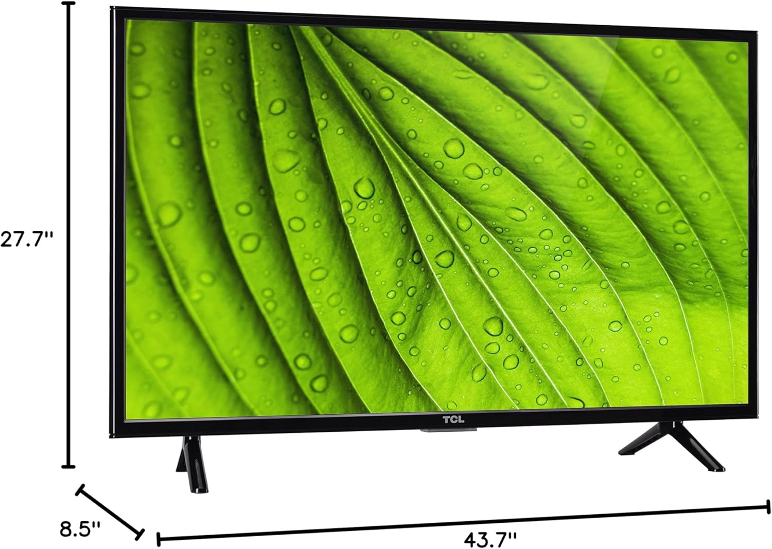 TCL 49D100 TV with dimensions labeled