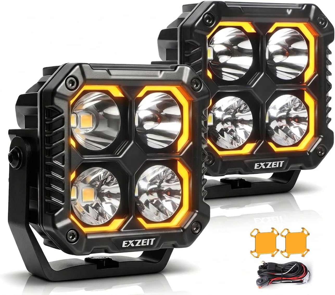 268W 4 Inch LED Driving Lights, 2 Pack Flood Spot Combo Beam, Square Off Road LED Pod Lights with DRL, DT Plug Wiring Harness, Yellow Covers, Waterproof Fog Lights for Jeep Truck SUV ATV UTV