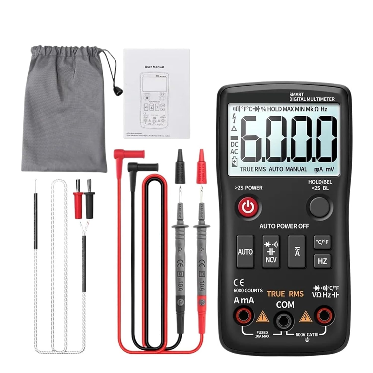 1pc AN113B Digital Multimeter True RMS with Temperature Tester 6000 Counts Auto-Ranging AC/DC Transistor Voltage Meter(AN113B Orange)