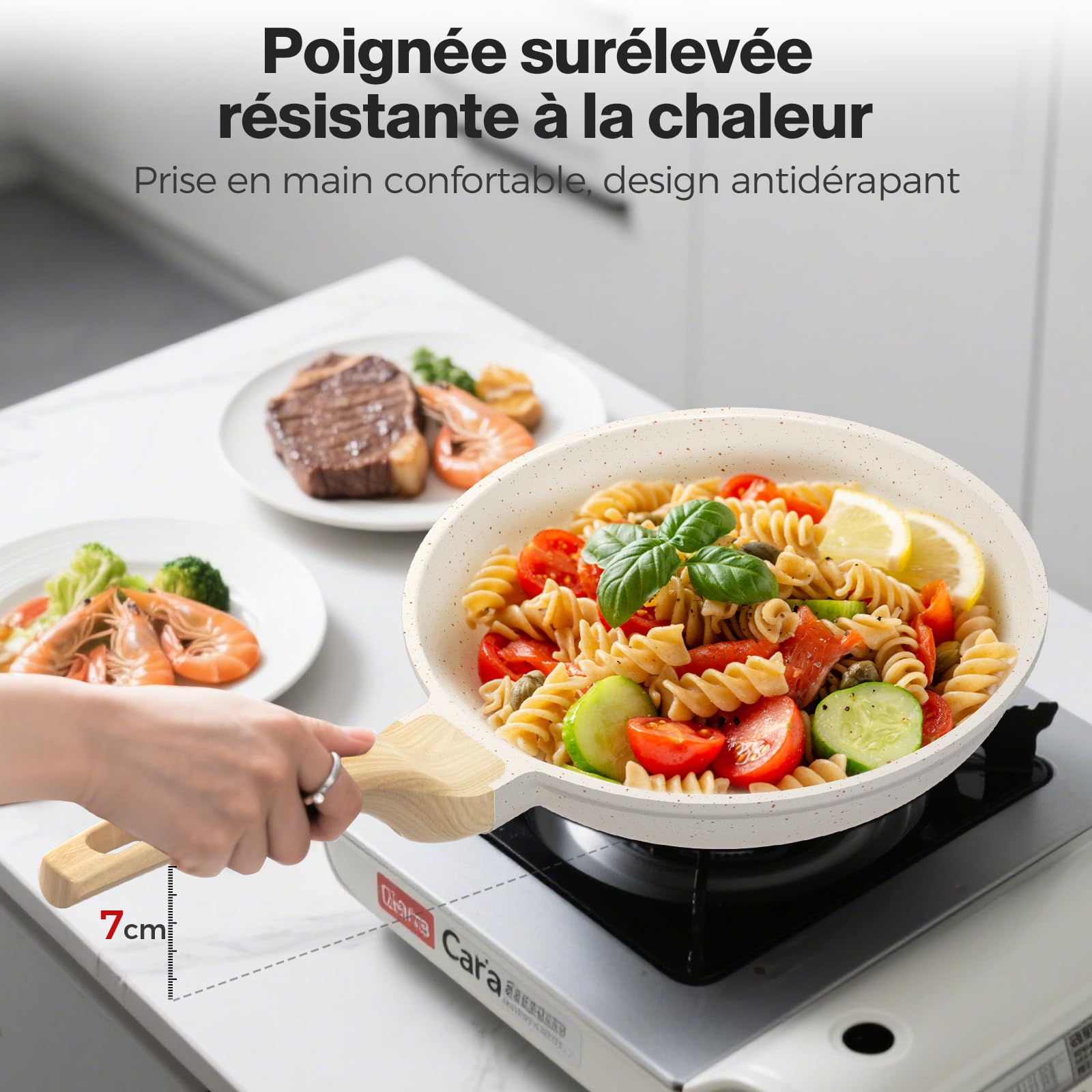 YASHE Ensemble de poêles antiadhésives, 3 pièces – Poêles en granit de 20/24/28 cm, compatibles induction, saines et durables, idéales pour les omelettes et la cuisine quotidienne, blanc