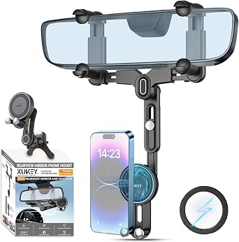 XUKEY Magnetic Car Phone Holder for Rear View Mirror Vent Phone Mount for Your Car Rotatable and Retractable Phone Holder for iPhone 16 15 14 13 12 Pro Max Samsung Case or Metal Ring