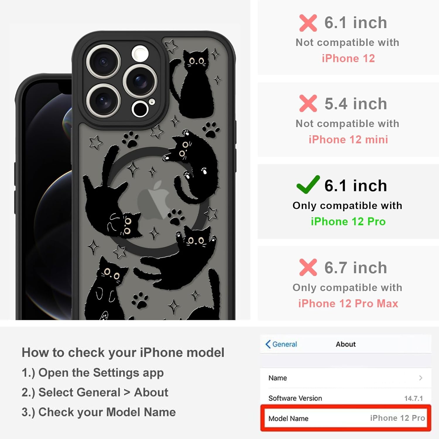 Cute Magnetic Case for iPhone 12 Pro Case [ Compatible with MagSafe ] with Black Cat Cats Pattern Design for Women Girls Boys, Soft Bumper Hard Back Kawaii Animal Protective Phone Cover - Image 2