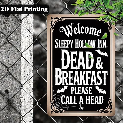 Miniatura 4 de Letrero de metal vintage con texto en inglés Welcome Sleepy Hollow Inn Dead & Breakfast Please Call A Head, 8 x 12 pulgadas, letrero de pared gótico