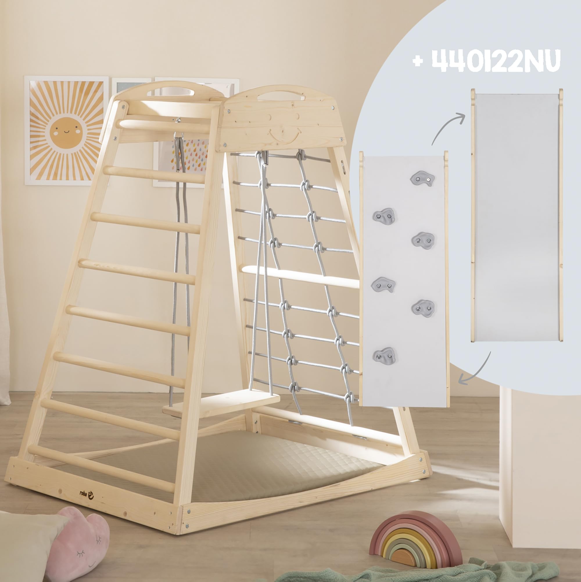 roba Tour de Jeu Intérieure en Bois – Structure Montessori avec Barreaux et Corde d’Escalade – Convient dès 24 Mois – Avec Balançoire en Bois Massif – Charge jusqu’à 70 kg – Naturel/Gris