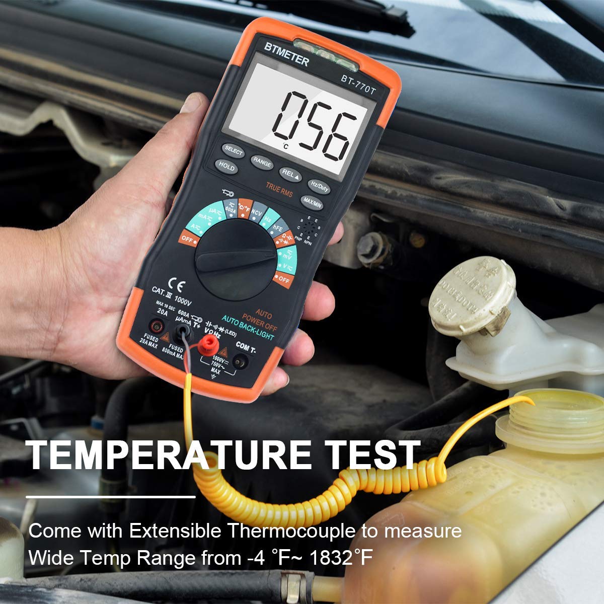 BTMETER BT-770T Multimeter performing a temperature test in an engine bay