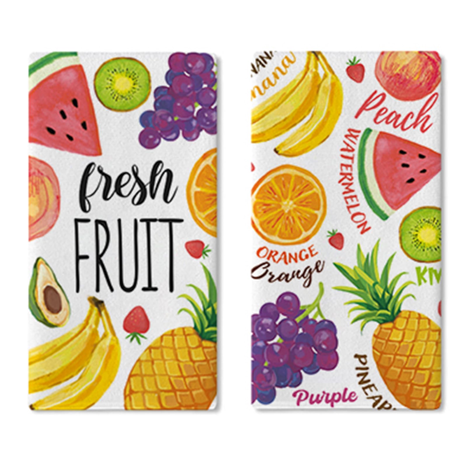 Uruney Fresh Fruit Kitchen Dish Towels Set of 2, Watercolor Watermelon Orange Pineapple Grapes Banana Drying Hand Towels Baking Cooking Cloth, Spring