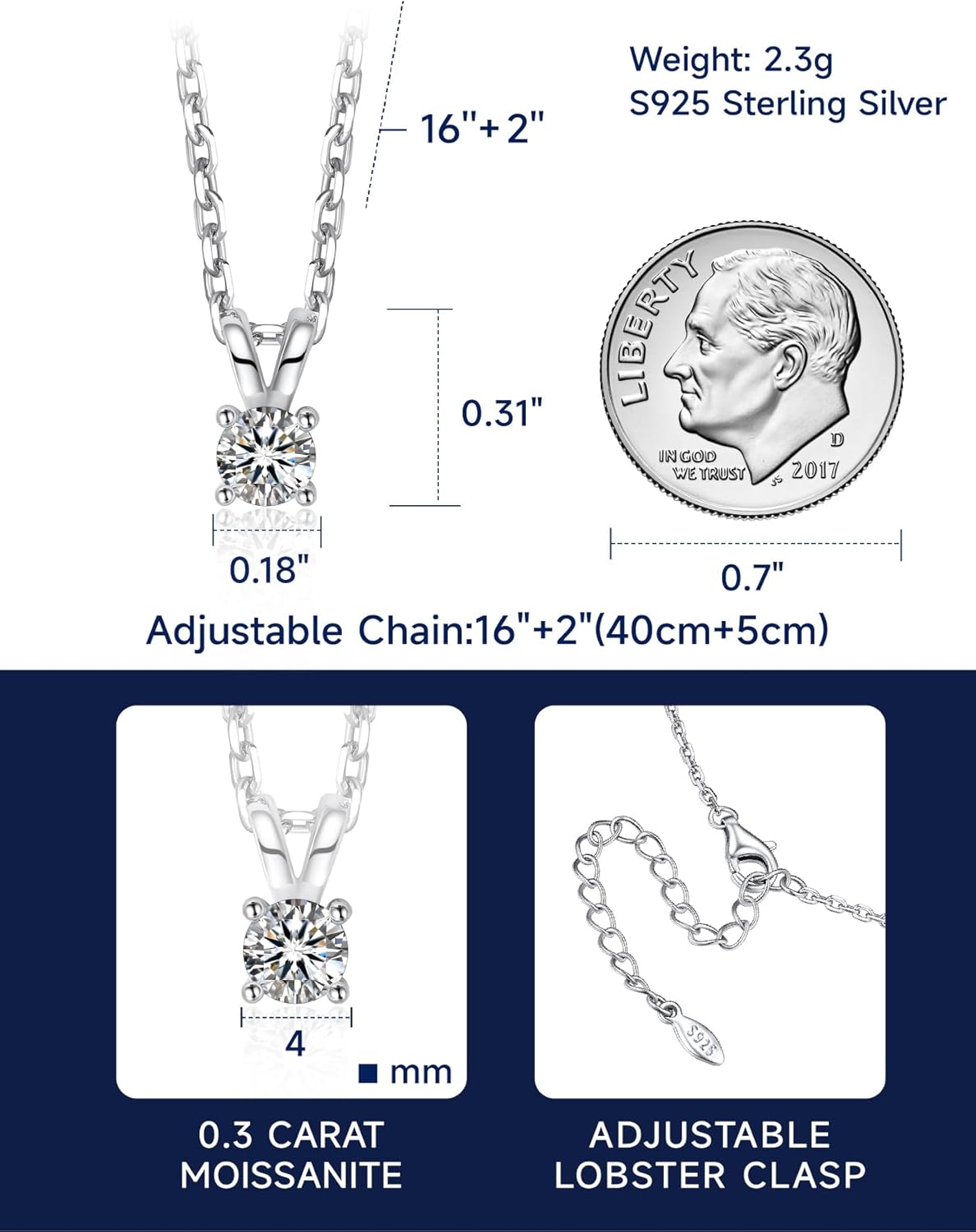 MomentWish Moissanite Solitaire Pendant Necklaces for Women Sterling Silver 0.3/0.5/1/2-Carat D Color VVS1 Clarity Mossanite Jewelry for Women - Image 6