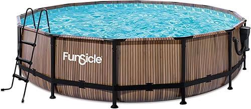 Funsicle Oasis Designer - Piscina sobre el suelo con marco redondo de 14 x 42 pulgadas con bomba de filtro SkimmerPlus, patrón de teca natural