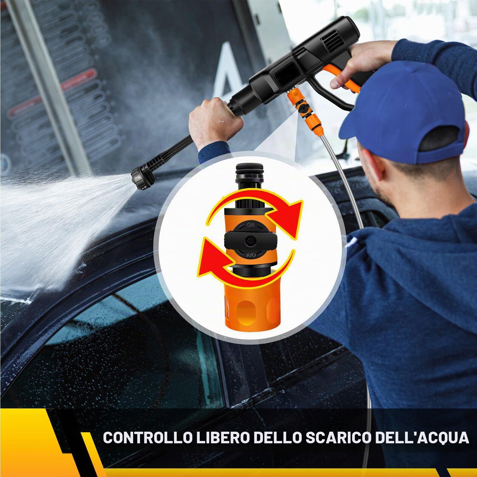 Idropulitrice portatile senza fili, 21 V, 45 Bar/652 PSI con 2 batterie da 3,0 Ah, ugello regolabile 6 in 1, tubo flessibile da 5 m, per pulizia e irrigazione di auto/pavimento/giardino