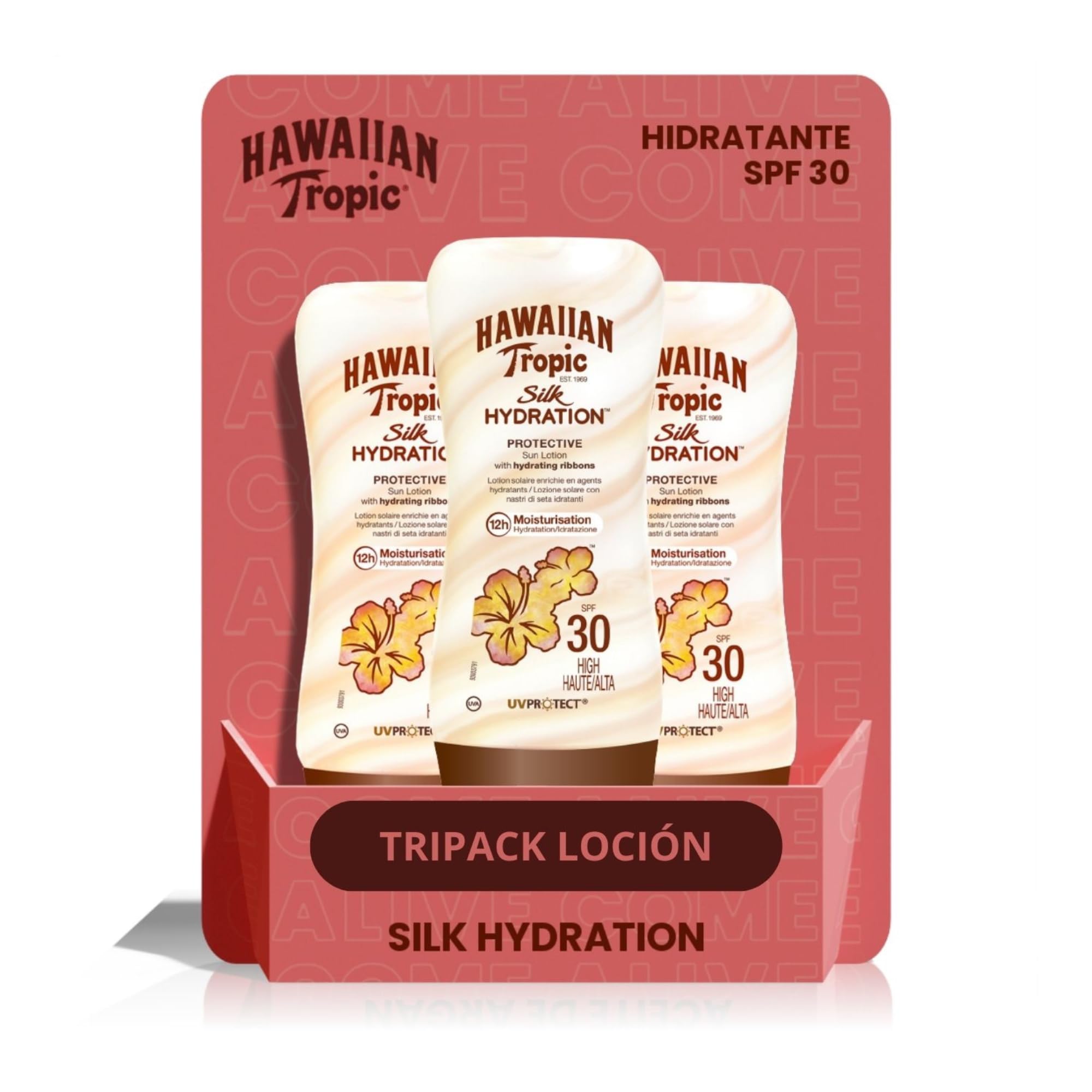 Hawaiian Tropic Silk Hydration Protective - Pack 3 Loción Solar Protectora SPF 30 con cintas de seda hidratantes y resistente al agua, formato 180 ml.