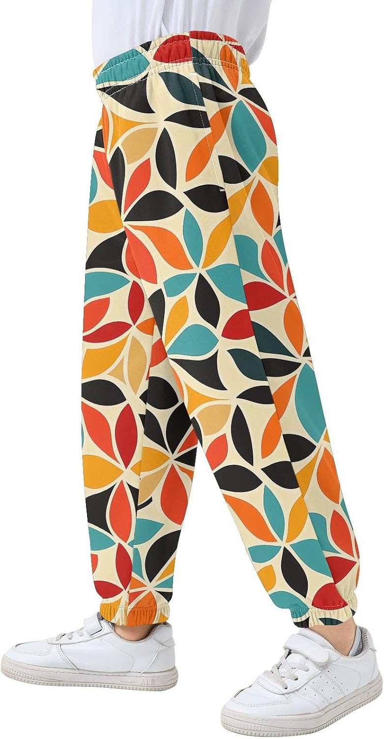 Boy Sweatpants Abstract Geometric Flowers Leaf Joggers Casual Athletic Pants Kids Elastic Waist Cuffed with Pockets