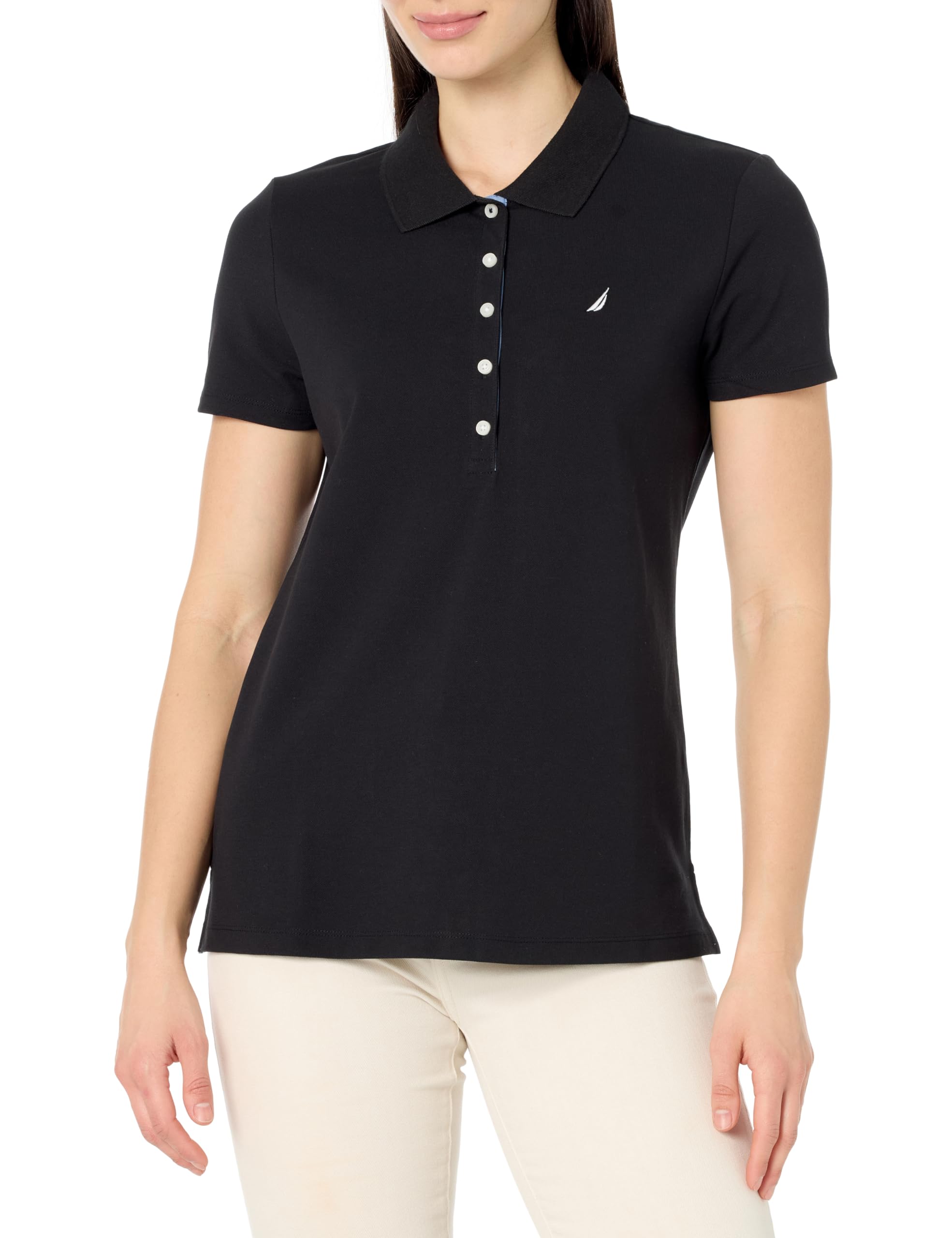 Nautica Women's Short Sleeve Button Placket Polo, Black, XS