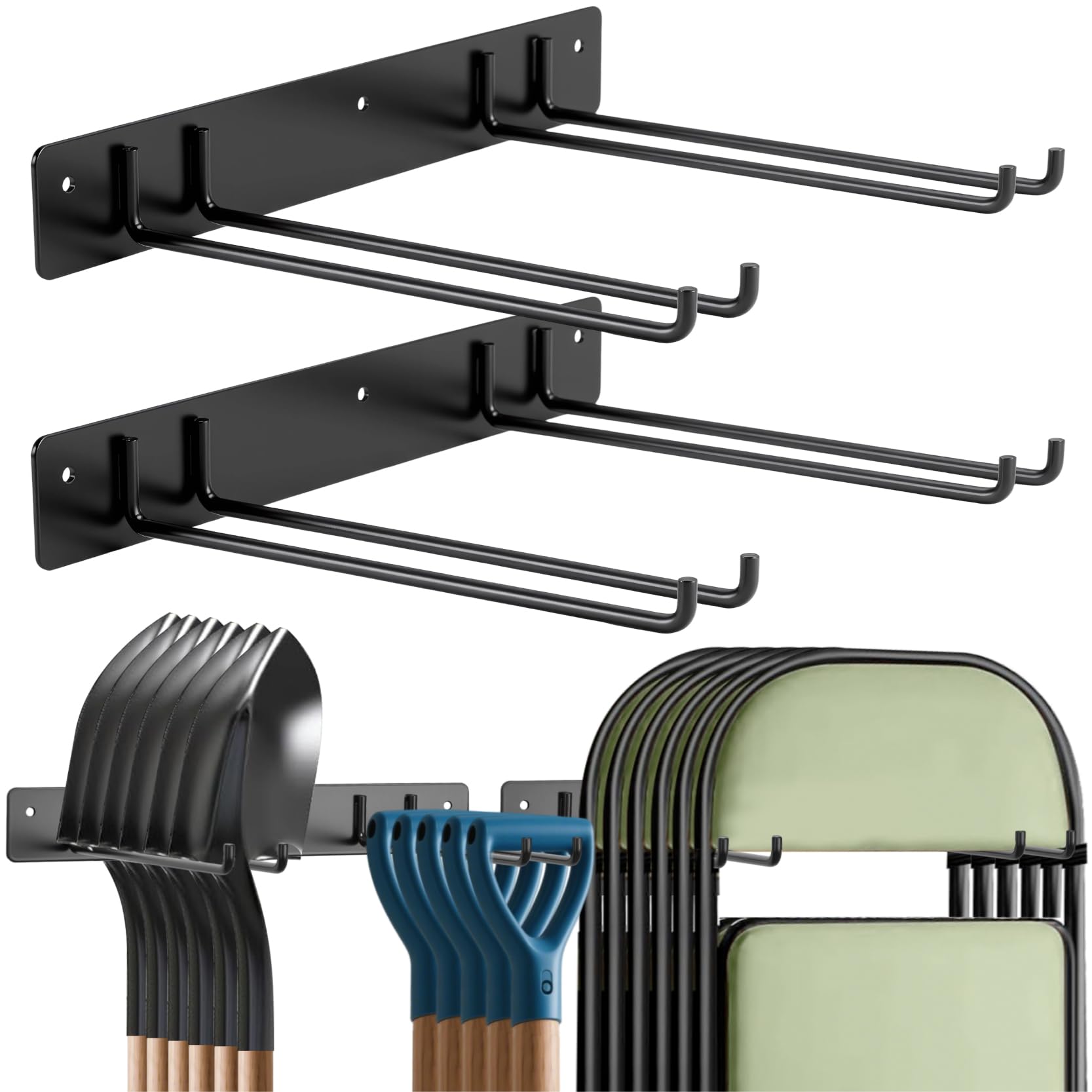 Soporte plegable para sillas/herramientas de jardín con ganchos. Portaobjetos para garaje, césped, playa, camping. Hecho de hierro macizo, capacidad máxima 109 kg (240 libras). Envase de 2 unidades