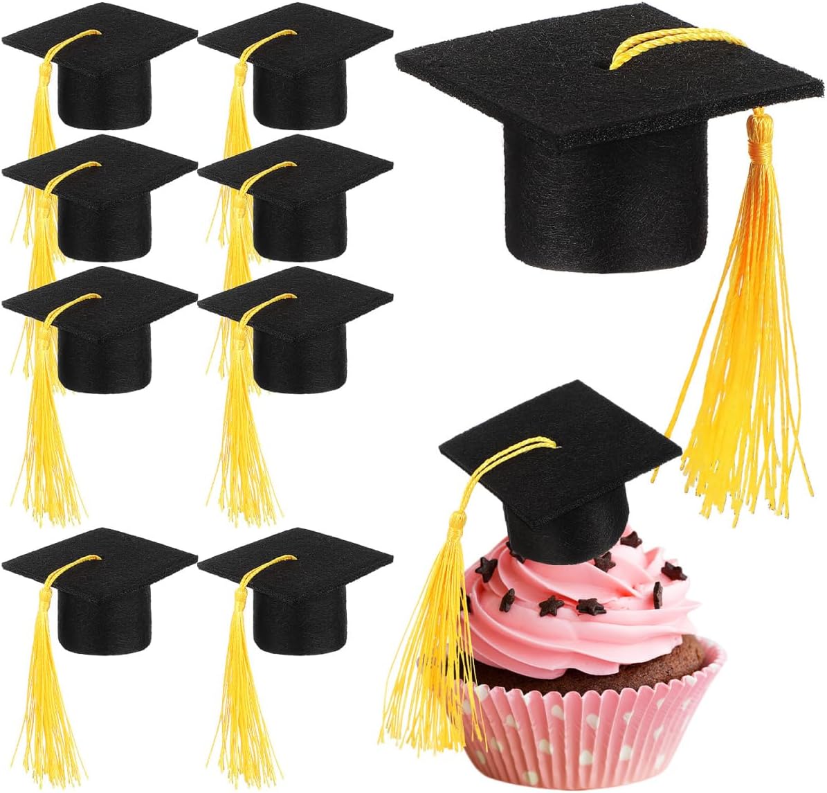 Garneck 10pcs Mini Graduation Hats for Crafts Small Graduation Hat with Yellow Tassel Tiny Grad Cap Cake Wine Bottle Topper Black Cap Cake Decoration for Class of 2026 Grad Party