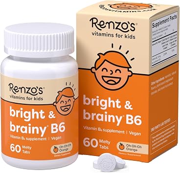 Renzos Bright & Brainy Vitamin B6, Dissolving Kids Vitamin B6, 60 Sugar-Free Melty Tabs, Oh Oh Oh Orange Flavored