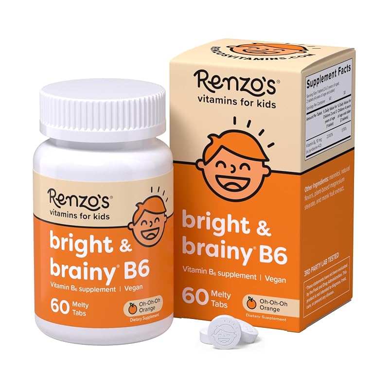 Renzo's Bright & Brainy Vitamina B6, Tabletas Disolventes para Niños, 60 Tabletas Melty sin Azúcar, Sabor Naranja Oh Oh Oh, 60 Unidades (Paquete de 1)