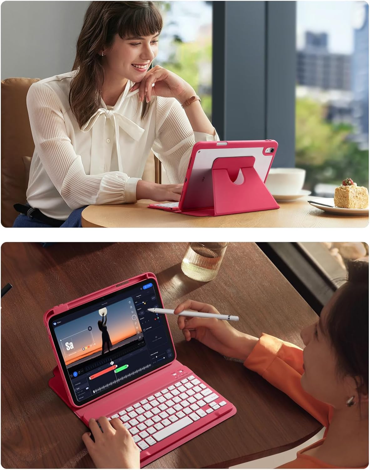 kidopire Compatible with iPad 11th 10th Generation Case with Keyboard - Detachable Wireless Keyboard Case for iPad A16 11-inch 2025 & 10.9-inch 2022, 7 Colors Backlit & 360° Rotatable Cover, Pink