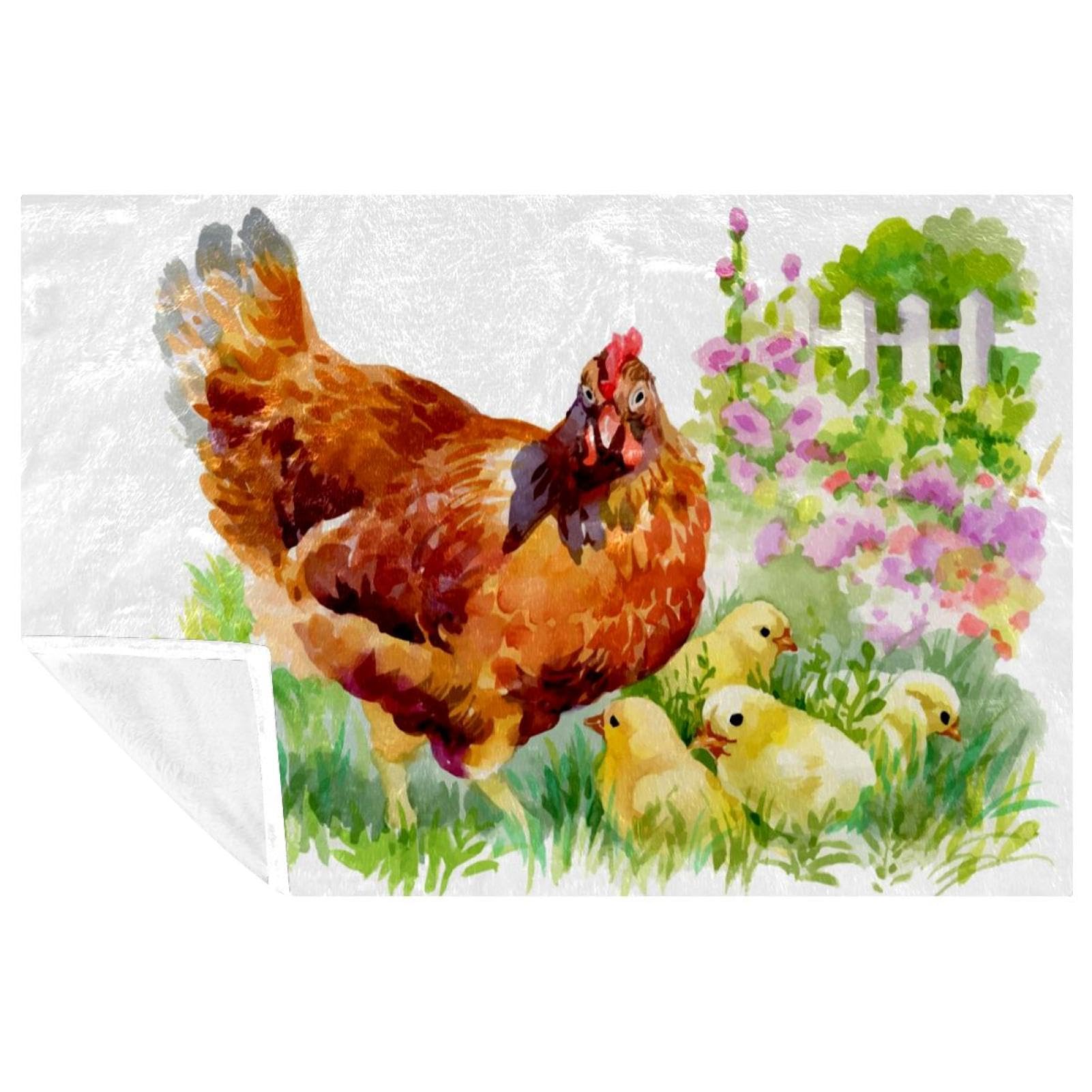 Plaid poule aquarelle pour pique-nique camping et plage 150x100