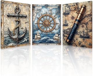 Coastal Canvas Wall Art Set of 3 - Ship Wheel, Anchor, Telescope Nautical Framed Canvas Prints - Vintage Sea Themed Decor for Living Room Bathroom Bedroom - Beach House Decorations - Ready to Hang(Artwork-04, 12"x16"x3P)