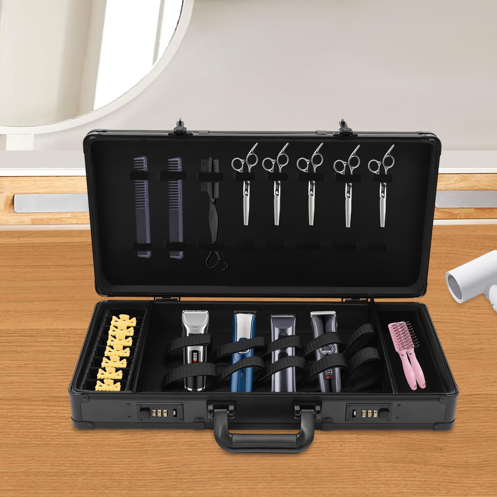 Stylist Barber Tragetasche Kämme Werkzeuge Organizer Friseursalon Koffer Schloss,Double Combination Lock Design,Elastische Bänder & Bänder,für die Aufbewahrung von Friseurwerkzeugen und Friseurzubehör
