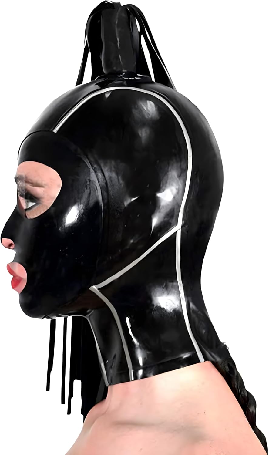 Latex Mask Rubber Hood and Silver Trim 60cm with Black Latex Wig Back Zipper Cosplay Halloween