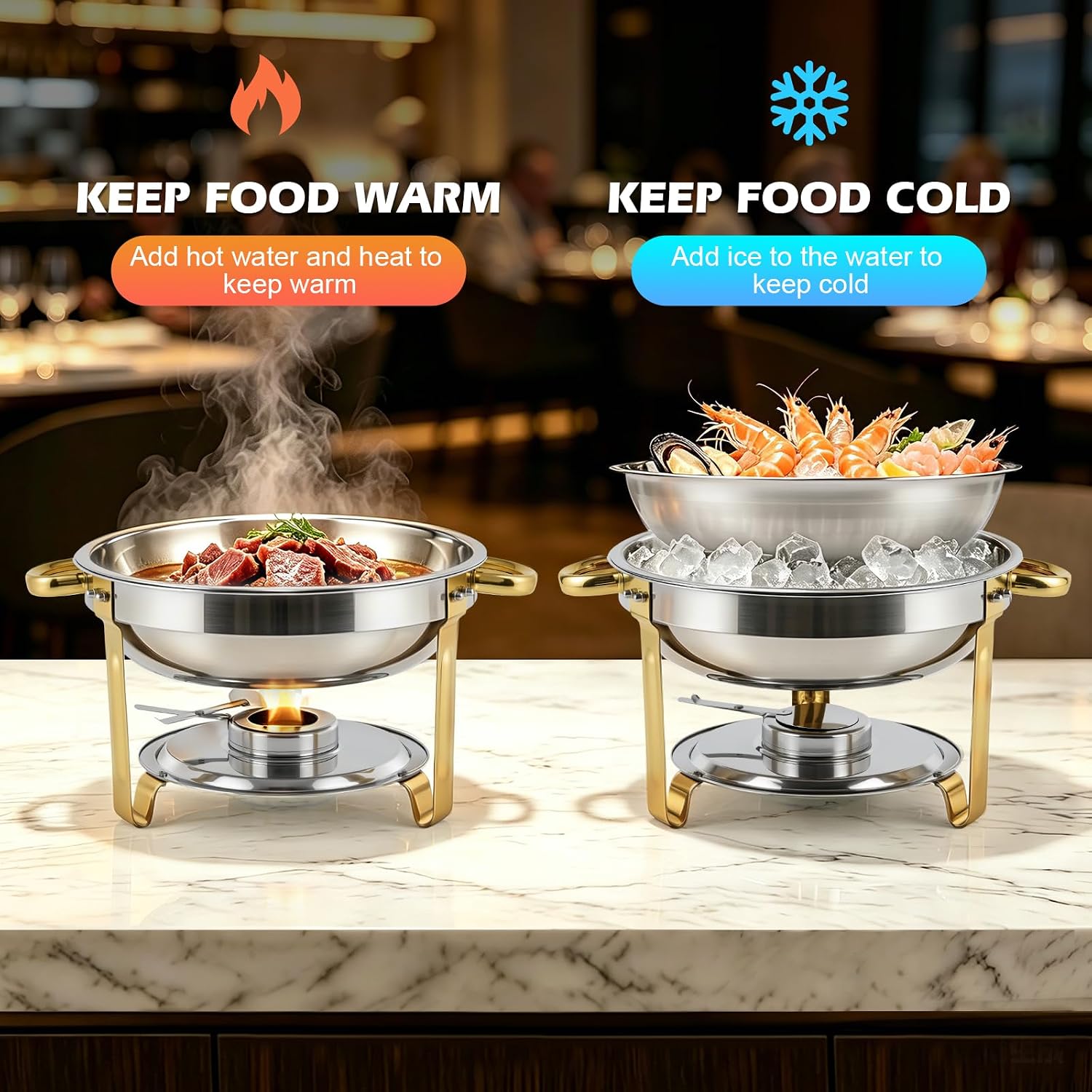 Chafing Dish Set 4PCS Round, 5QT Stainless Steel Buffet Warmer Gold Handle | LZONEY Chafing Dish Gold Handles & Stand, Elegant Silver & Gold Food Warmers for Catering, Wedding, Party & Banquet