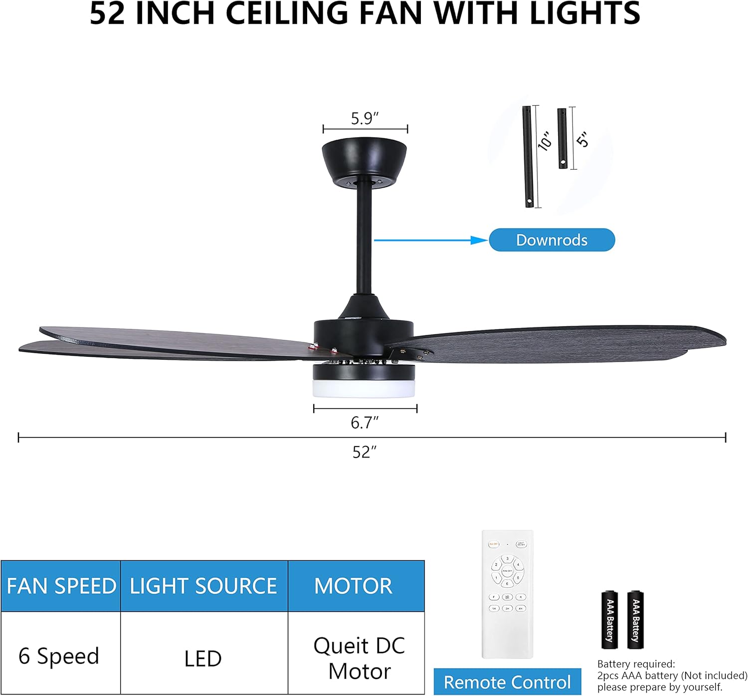Diagram showing the dimensions of the 52-inch ceiling fan, including the 5.9-inch canopy, 6.7-inch light kit, and options for 5-inch and 10-inch downrods. A remote control is also pictured.