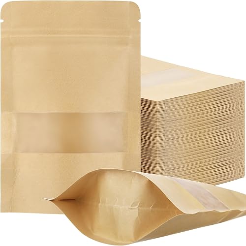 Geosar 300 bolsas de papel kraft de pie con ventana de 6 x 9 pulgadas, bolsas sellables de papel kraft con muesca sellables con muesca para pequeñas