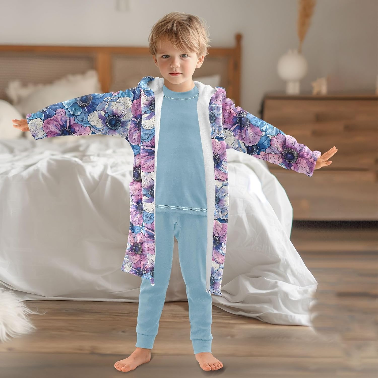 senya Exotic Anemone Flower Toddler Hooded Bathrobe Kids Soft Plush Bath Towel Robes for Boys Girls 2-12 Years