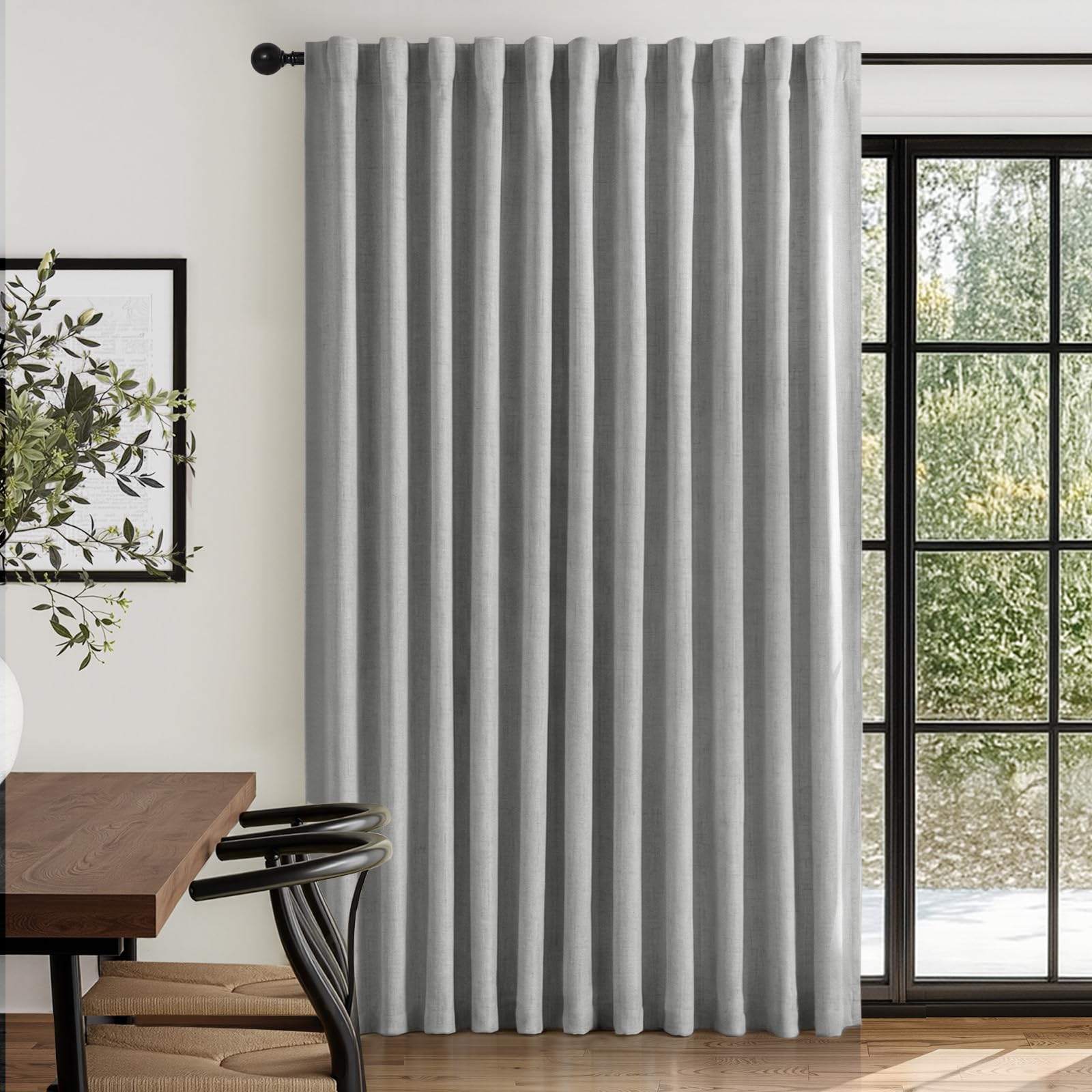 Linen Textured Total Blackout Sliding Door Curtains 84 Inches Long, Grey