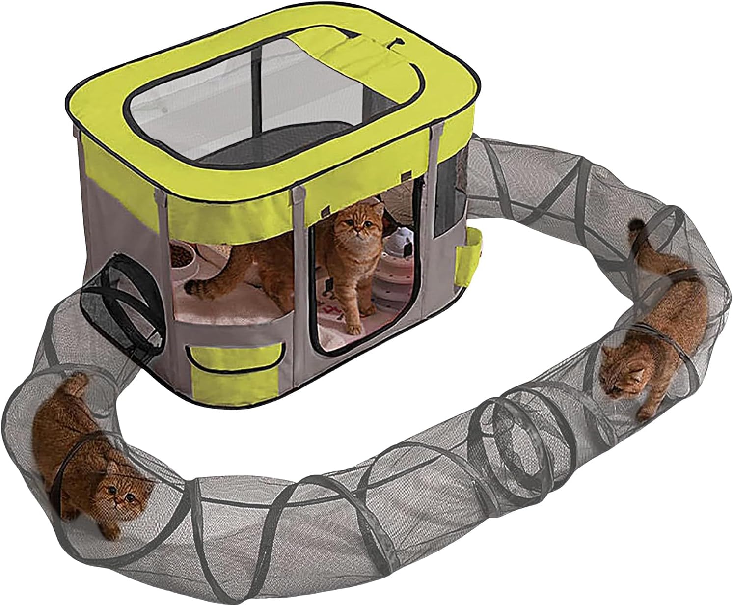 Cat Enclosures Tunnel Playpen Outdoor, Cat Fence with Tunnel, Foldable Interactive Kitten Fence with Large Play Area, for Small Animals and Puppies