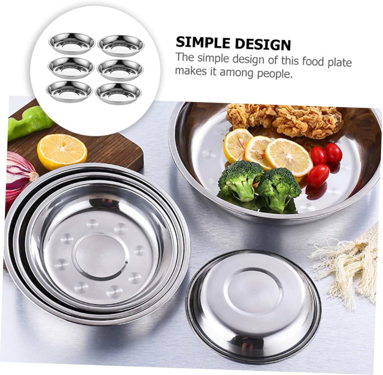 OUNONA Stainless Steel Round Serving Plates 18CM Camping Grill Trays Kitchen Food Plates for Outdoor Cooking Set of 8
