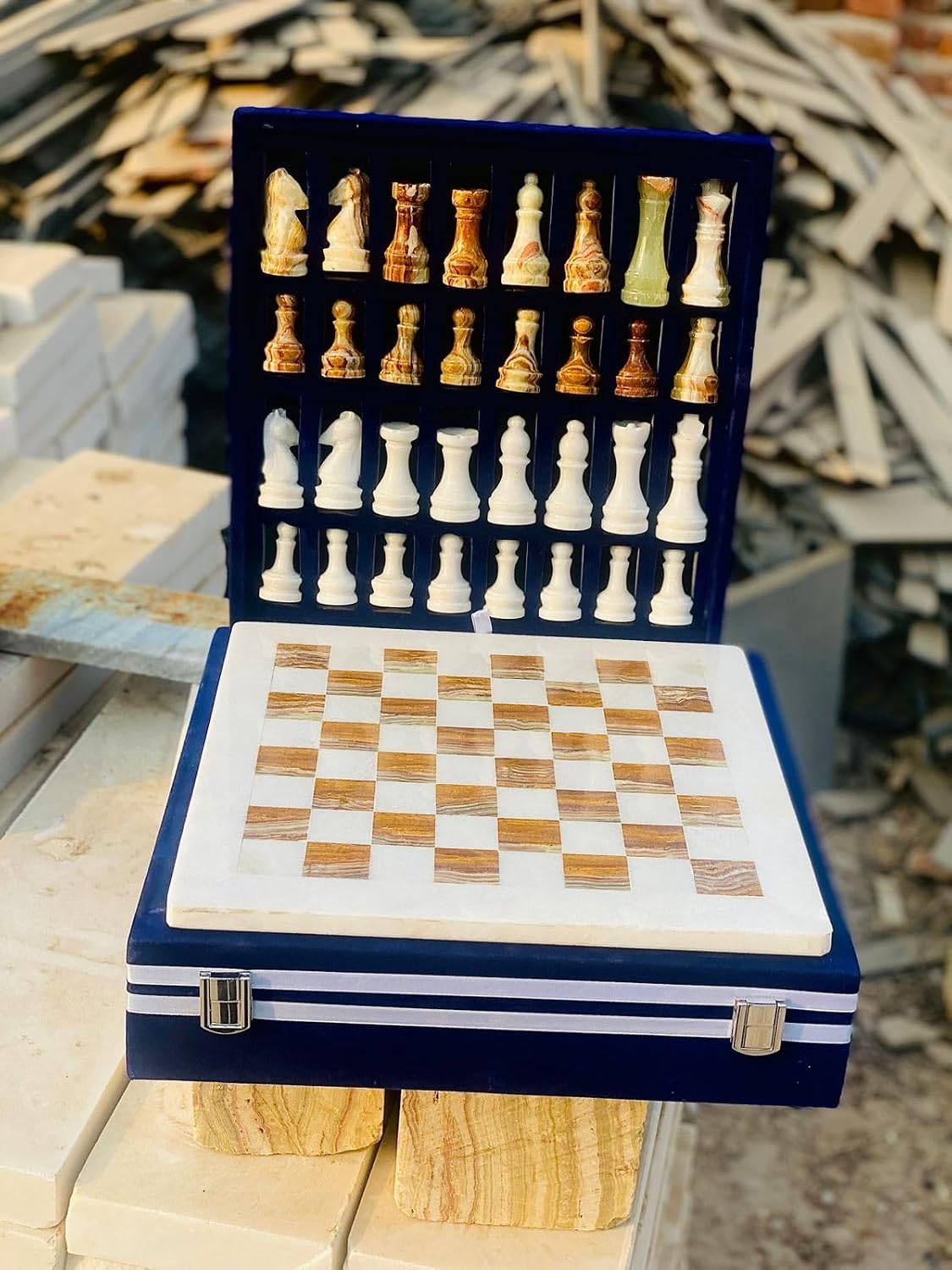 Amazon.com: NB 12-Inch Handcrafted Marble Chess Set with Blue Velvet ...