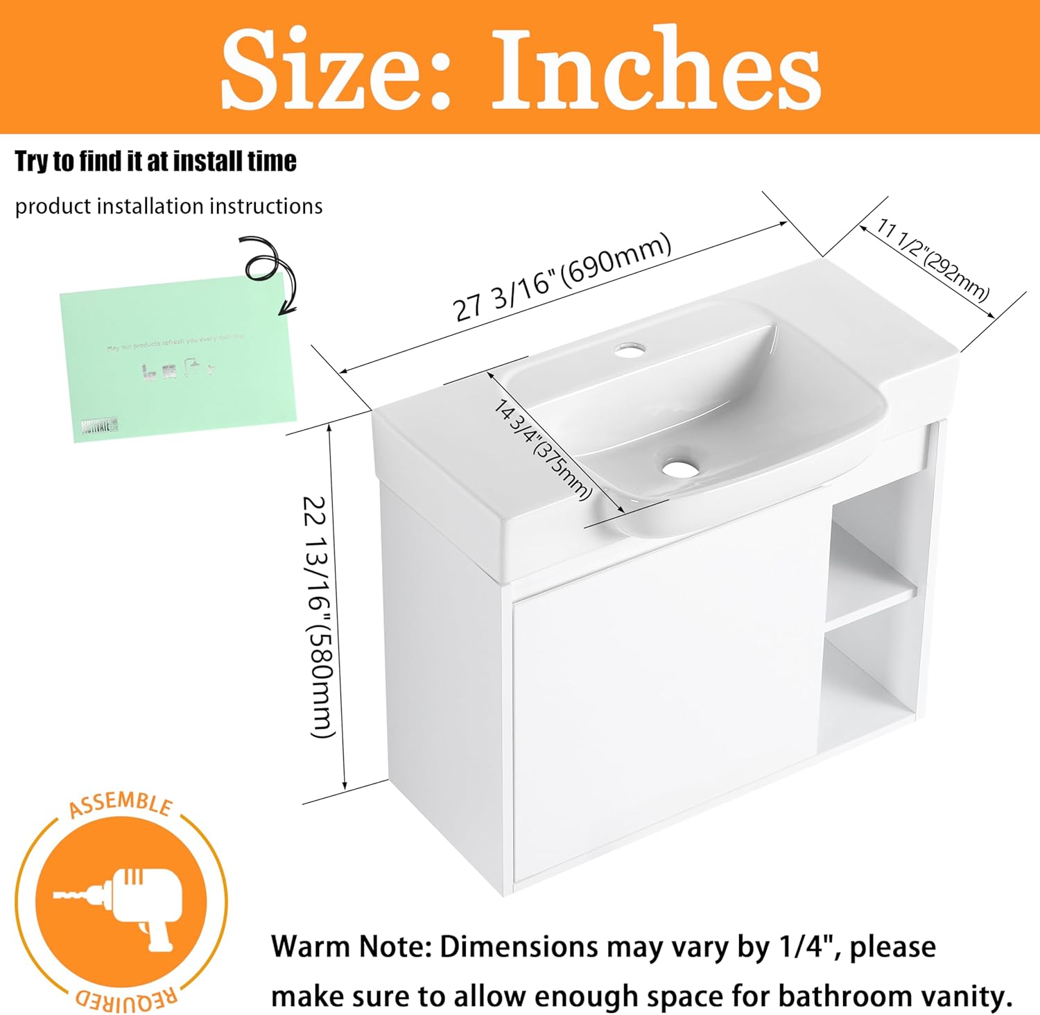 28" Wall-Mounted Bathroom Vanity with Ceramic Sink, 28 inch Floating Single Sink Vanity Cabinet Modern Brown 1-Door Design with Storage Shelf (Space-Saving for Small Bathrooms), White