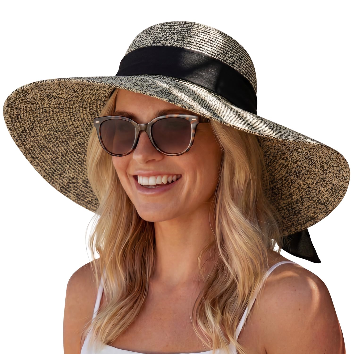 Hat Hut Womens Wide Brim Straw Sun Hat UPF 50+ UV Protection Packable Floppy Beach Sun Hats for Summer (UK, Alpha, L, Black Mix)