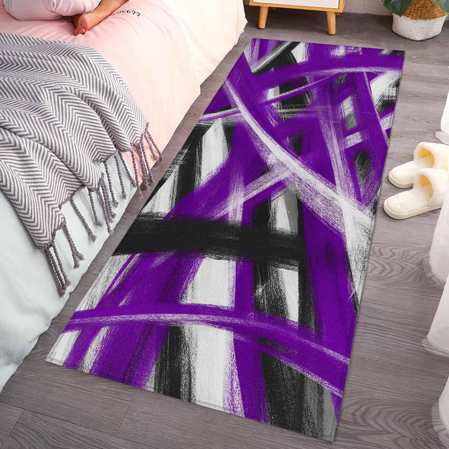 Teamery Kitchen Mats for Floor Modern Abstract Purple Line Art Washable Non Slip Kitchen Rugs 1PCS, Black White Striped Absorbent Standing Mats for Sink Bathroom Office Living Room 15.7x47.2in