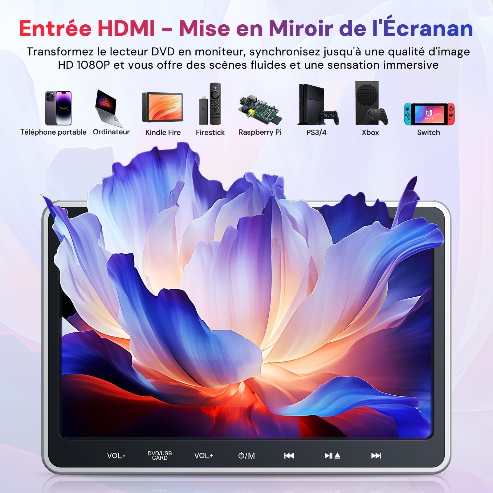 GOnavidio 10,5 écran Enfant appuie tête, Lecteur DVD Voiture avec 1080P HDMI in, Lecteur DVD Portable Voiture Compatible USB/TF, Slot in Design pour Enfant,Non Batterie