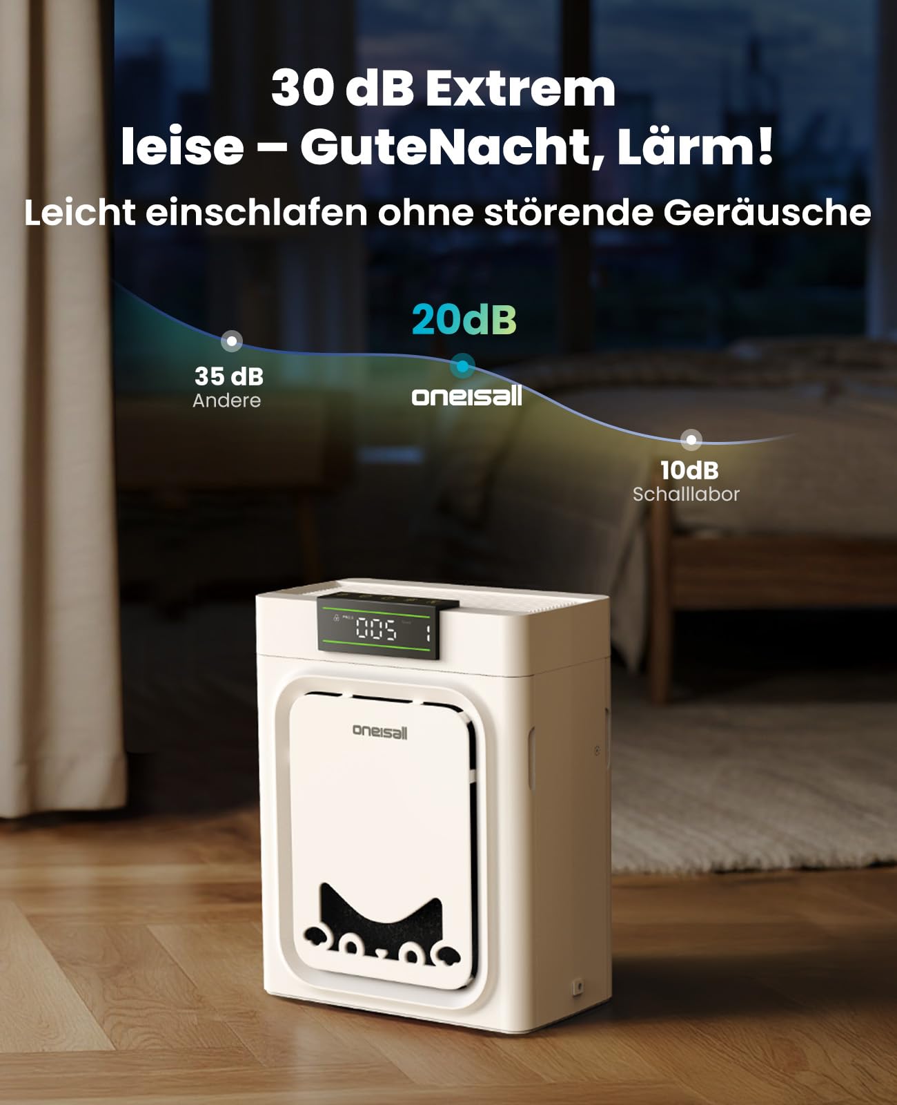 oneisall Luftreiniger mit Waschbare HEPA-Filter, CADR 320m³/h, 204m², 20dB Leise Air Purifier für Allergikerfreundlich Gegen 99,97% Haustiere Tierhaare Hautschuppen Pollen PM2.5 Staub Schimmel Gerüche