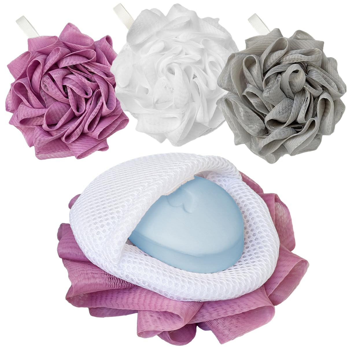 Photo 1 of 3 Pack Bath Loofah Shower with Soap Bags, Dual-Use Exfoliating Bath Sponges Soap Saver for Women & Men, Gentle Body Scrubber (White, Gray, Purple)