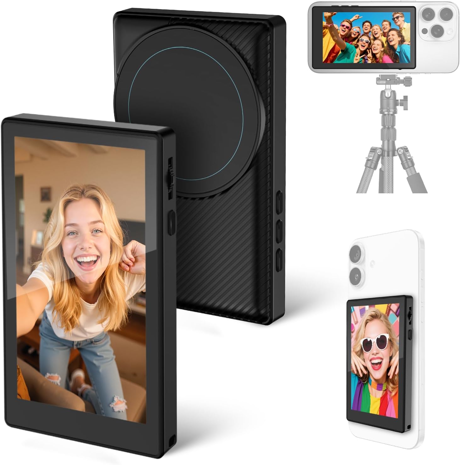 Magnetic Phone Selfie Screen - Wireless 1080P Back Camera Monitor for TikTok/Live Stream, 1500mAh Battery, 3-Level Brightness, Compatible with iPhone and Android Phones (Black)