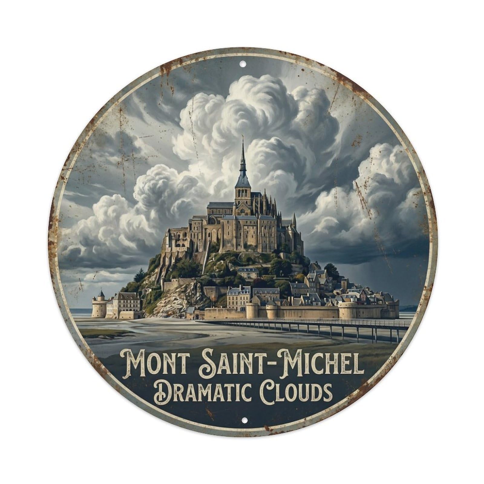 City Travel Dramatic Clouds France Mont Saint Michel Metal Tin Sign