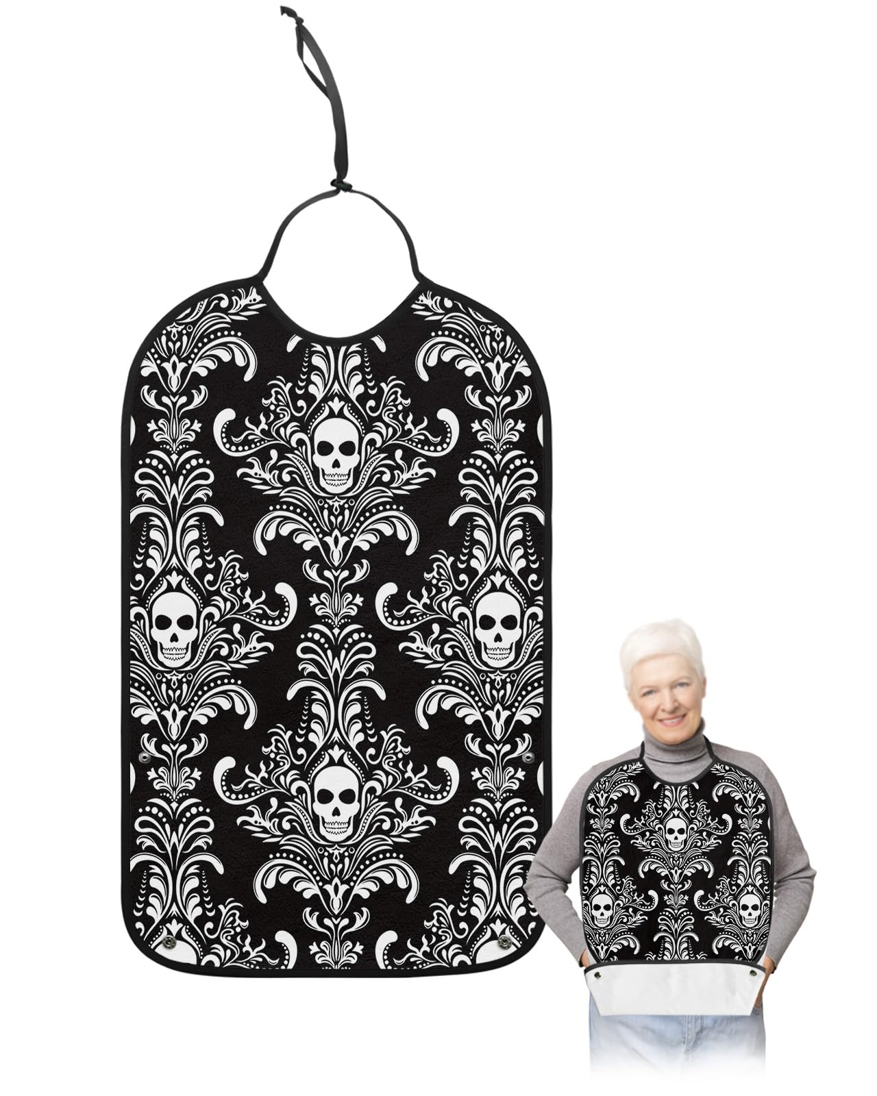 Halloween Adult Bibs for Eating, Waterproof Bibs with Food Catcher & Adjustable Snap Closure, White Skull Modern Abstract Art Black Washable Clothing Protectors Adult Bibs for Elderly Women/Men